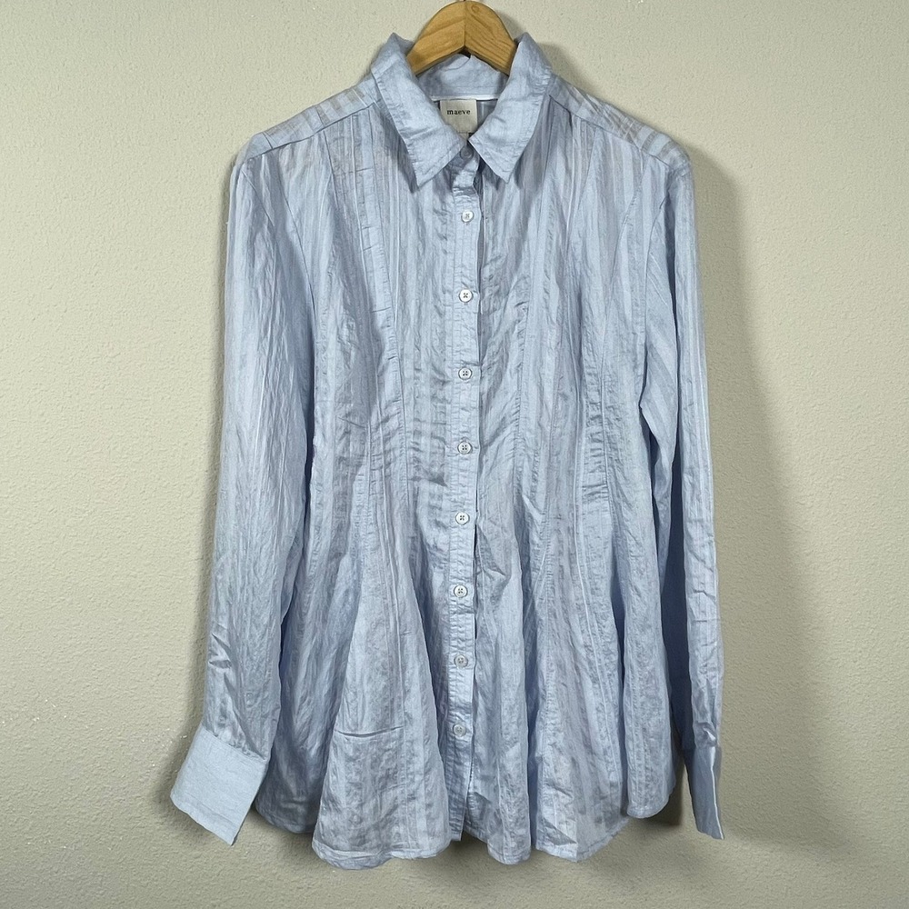 Maeve Button Down Shirt Womens M Blue Minimalist Pintuck Crinkle Blouse Coastal